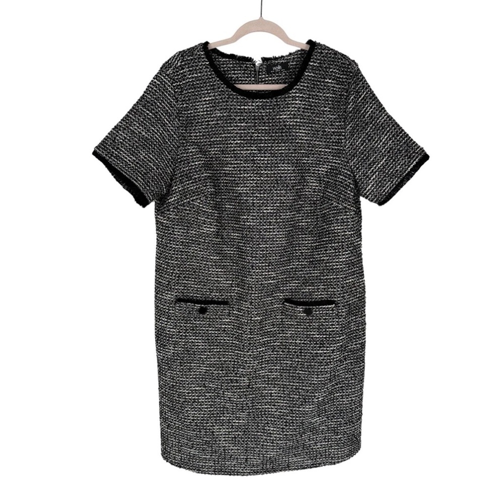 Willis Shift Dress Womens Size 14 Black Tweed Stretch Knit Fringe Classic Career